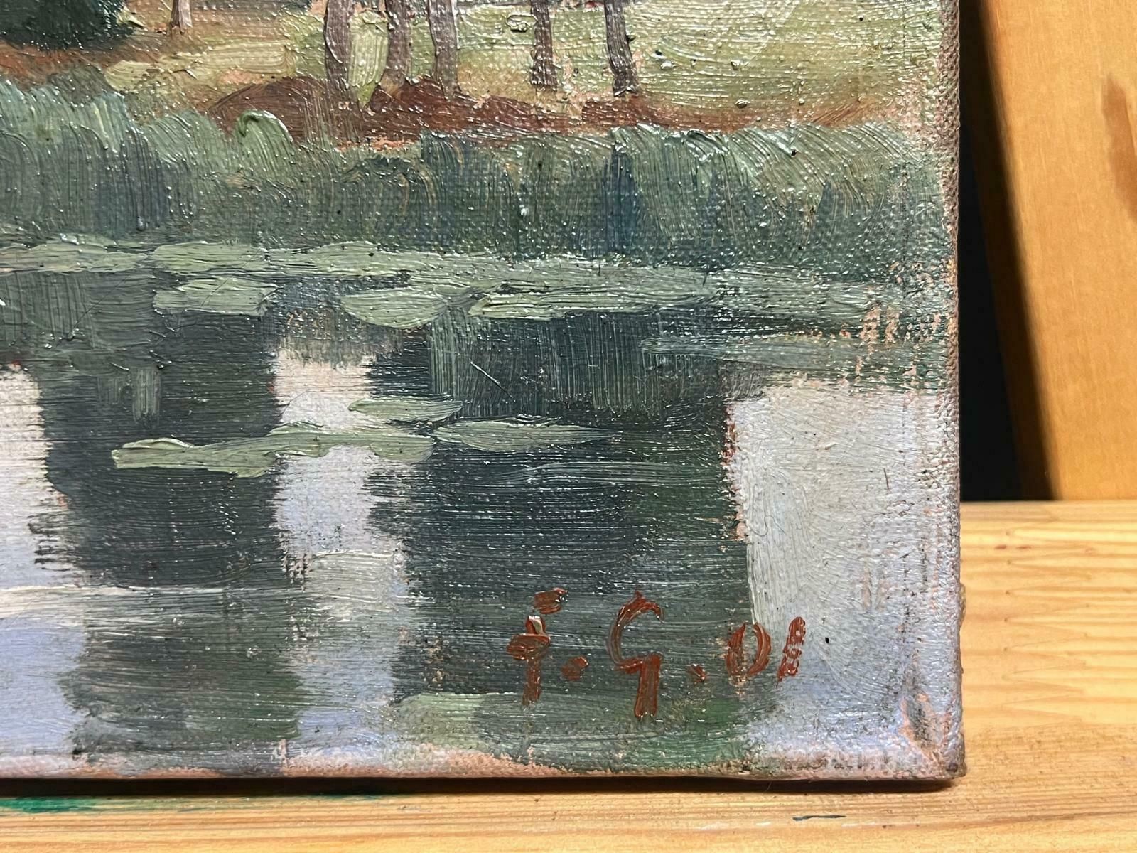 French Schoolantique French Impressionist 1901 Oil Moody River Reflections & Arched Bridge1901 photo vinterior