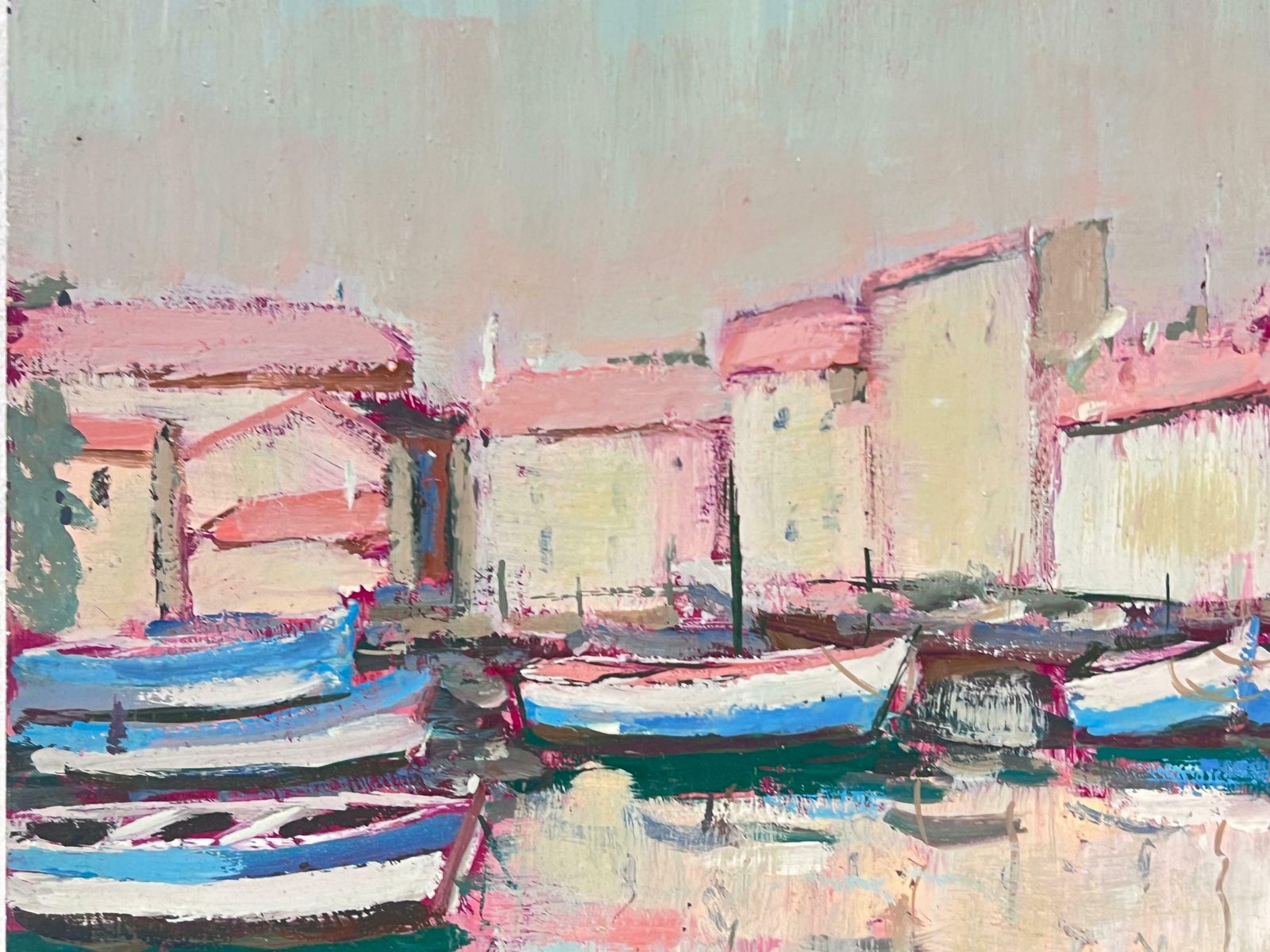 Fanch Lelpink Colourful Boats Moored In Sunlit Coastal Village At Dusk French Oil 20th Century photo Art