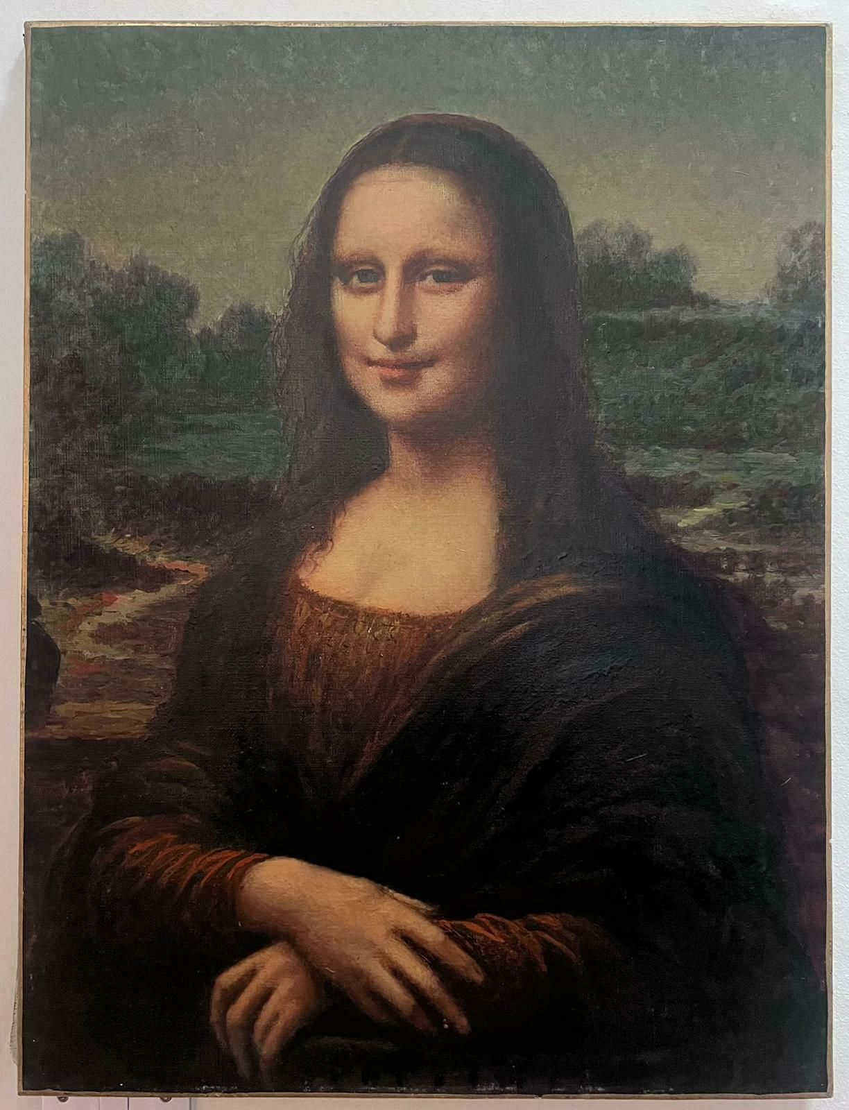Large Antique Oil Painting The Mona Lisa After Da Vinci's Famous Painting photo furniture