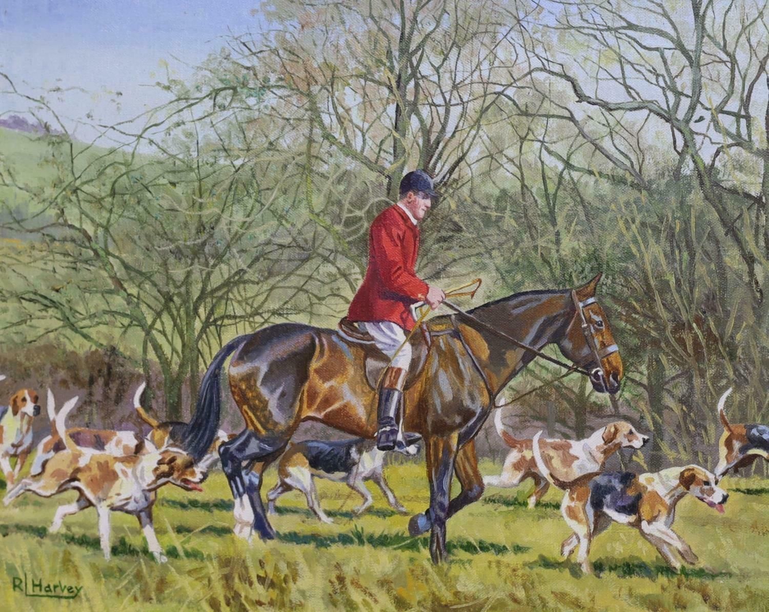 Reginald Llewellyn Harvey British Sporting Art Huntsman And Hounds In Landscape, Signed Oil Painting