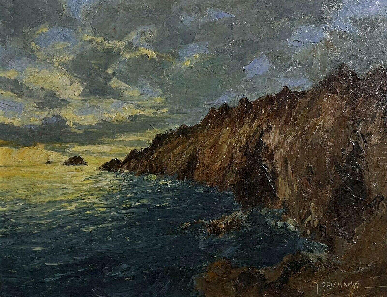 Unknownvintage French Signed Oil Sunset Over Coastal Rocky Coastline, Framed photo furniture
