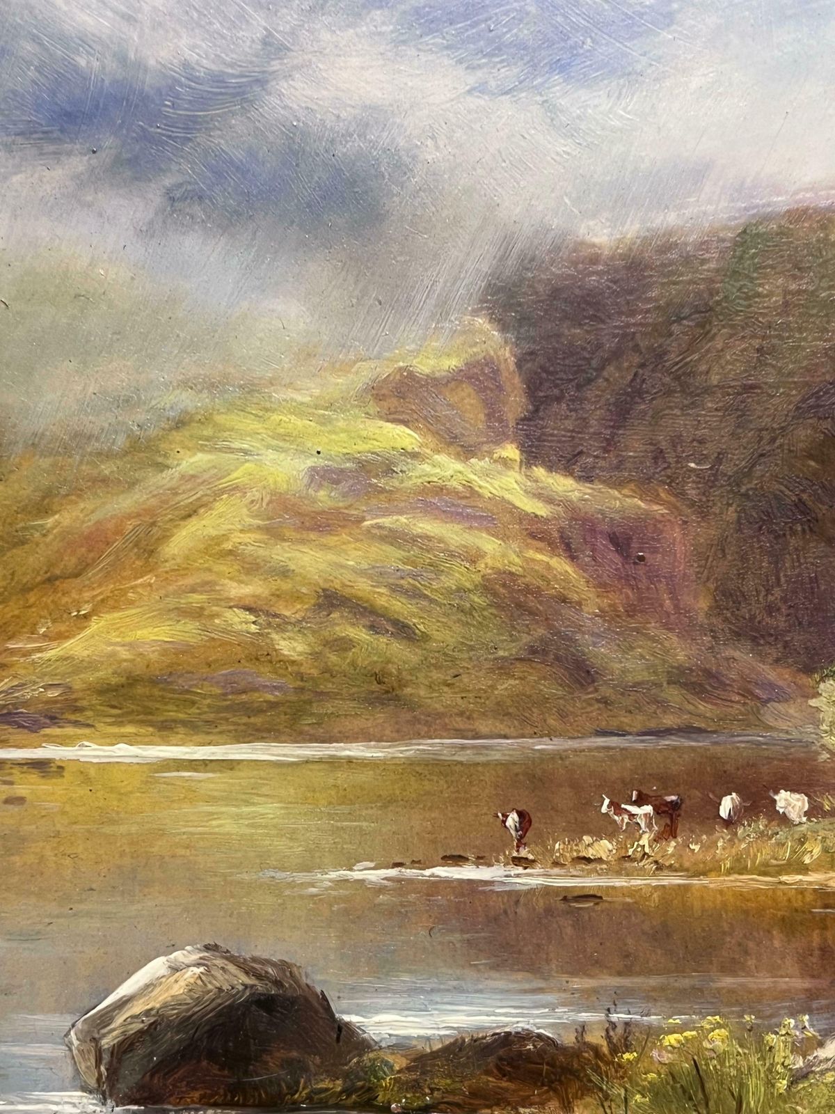 Scottish Victorianantique Scottish Oil Highlands Loch Scene Cattle Under Summer Clouds Landscape19th Century photo vinterior