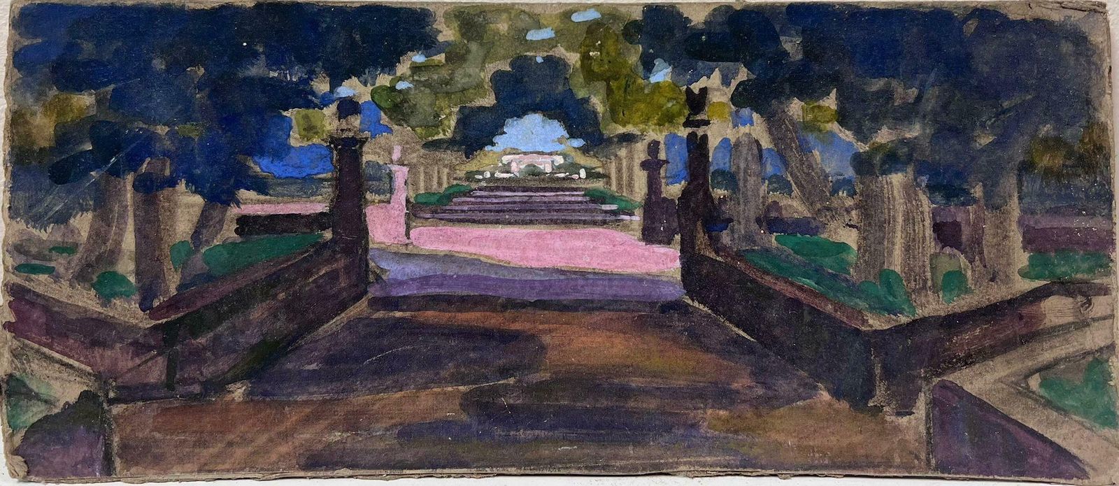 Louise Alixfrench Impressionist Gouache Wide Pink Churchyard Path Landscape1940's photo furniture