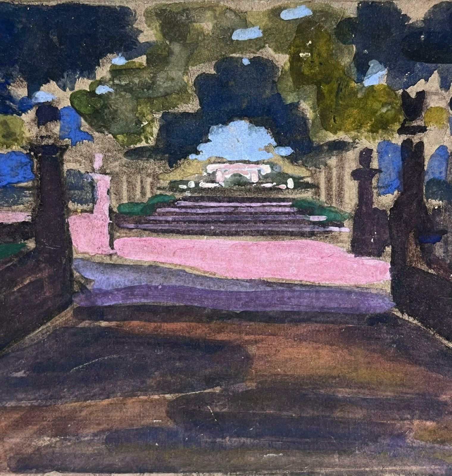 Louise Alixfrench Impressionist Gouache Wide Pink Churchyard Path Landscape1940's photo Art