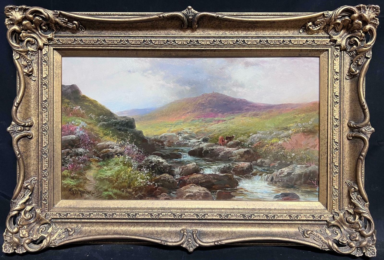 George Henry Jenkins (British, 1843 1914antique British Oil Painting Cattle By Highland Stream At Sunset, Framed19th Century