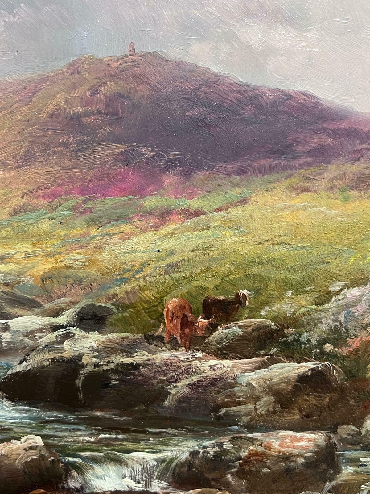 George Henry Jenkins (British, 1843 1914antique British Oil Painting Cattle By Highland Stream At Sunset, Framed19th Century photo Art