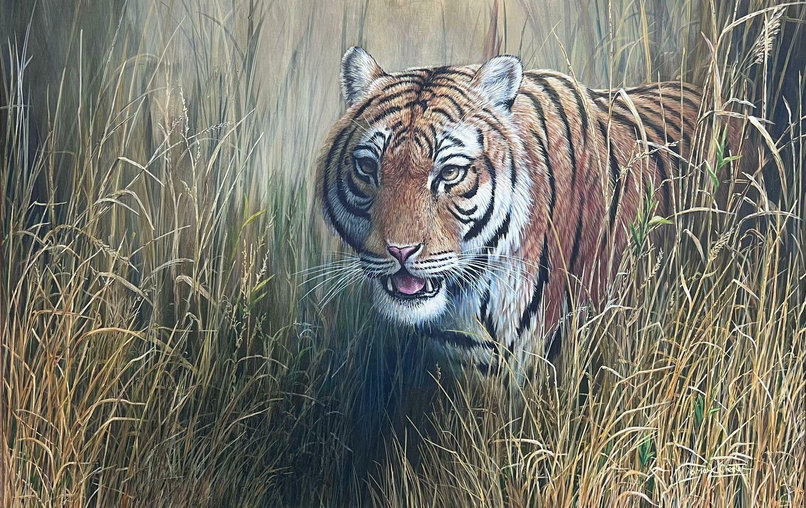 British School Majestic Tiger Tall Grass Realistic Wildlife British Oil Painting Ornate Frame photo furniture