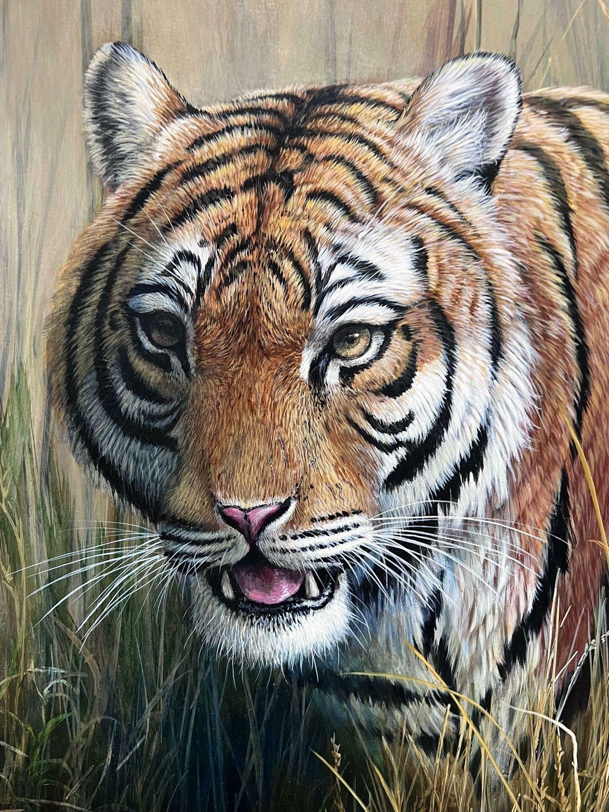 British School Majestic Tiger Tall Grass Realistic Wildlife British Oil Painting Ornate Frame photo Art