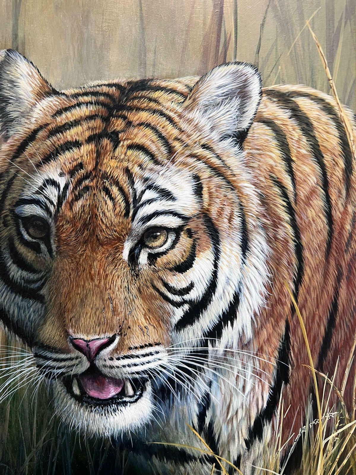 photo vinterior British School Majestic Tiger Tall Grass Realistic Wildlife British Oil Painting Ornate Frame