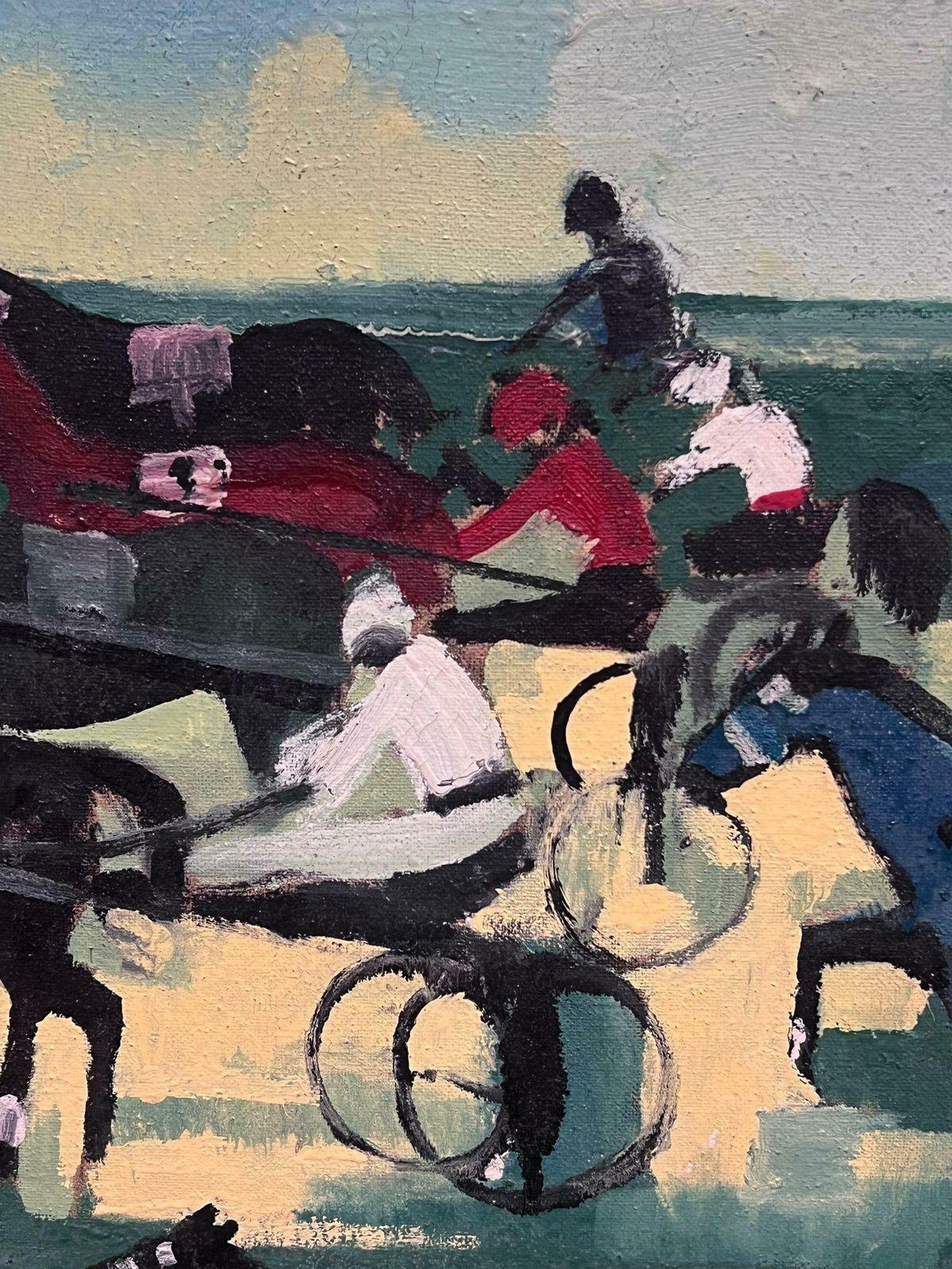 French School1960's French Oil Painting Horse Racing Harness Carriage Driving With Jockeys photo 1520.0