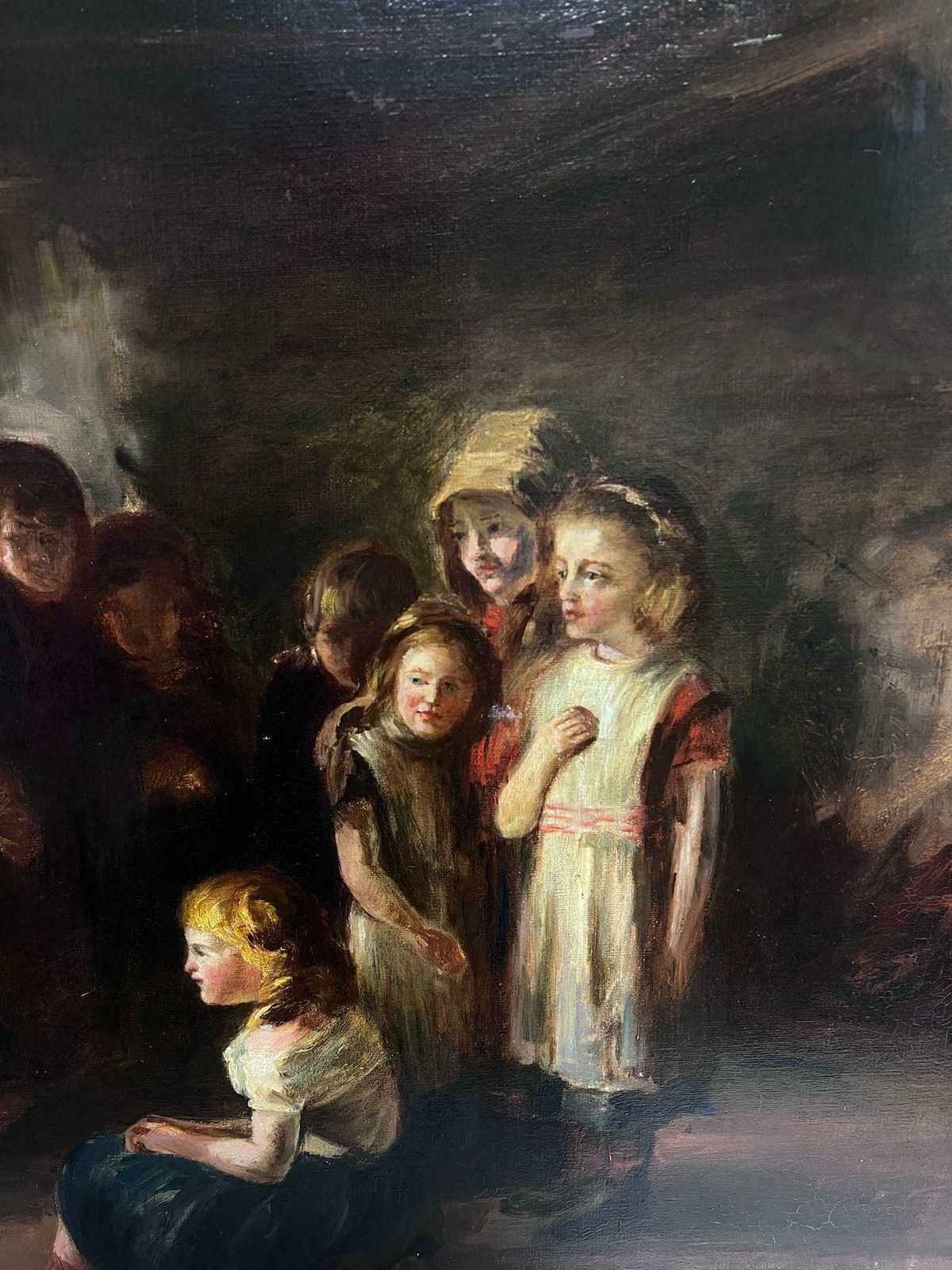 Victorian Englishlarge Victorian English Oil Painting Cottage Interior With Many Children photo vintage