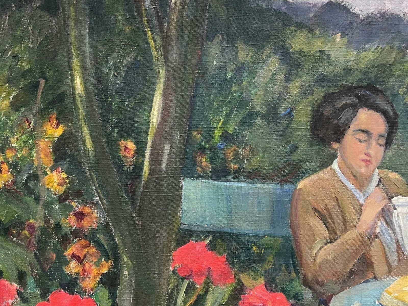 Louise Alixmid 20th Century French Impressionist Oil Lady In Pretty Flower Garden On Bench1940's photo vinterior