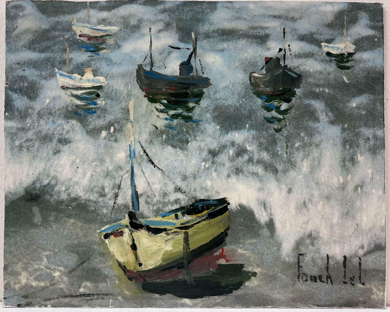 Fanch Lelboats Anchored In The Early Morning Mist On A Choppy Grey Sea French Painting20th Century photo furniture