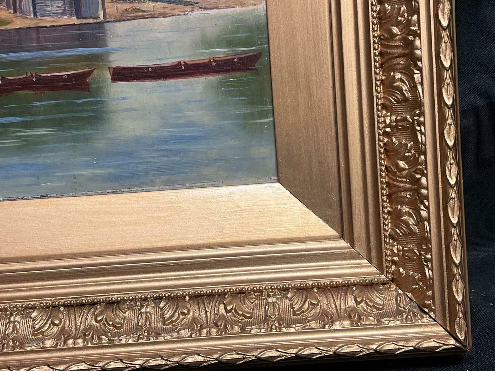 Unknownantique English Oil Painting Gilt Frame Figure Punting On River Cottages Village1900's photo Art