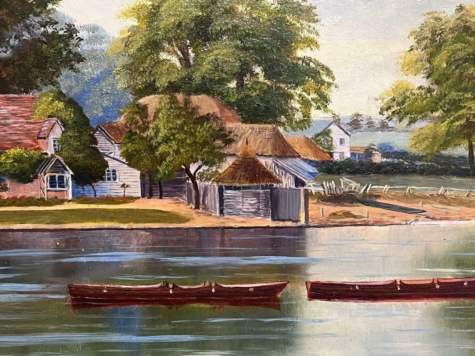Unknownantique English Oil Painting Gilt Frame Figure Punting On River Cottages Village1900's photo 910.0