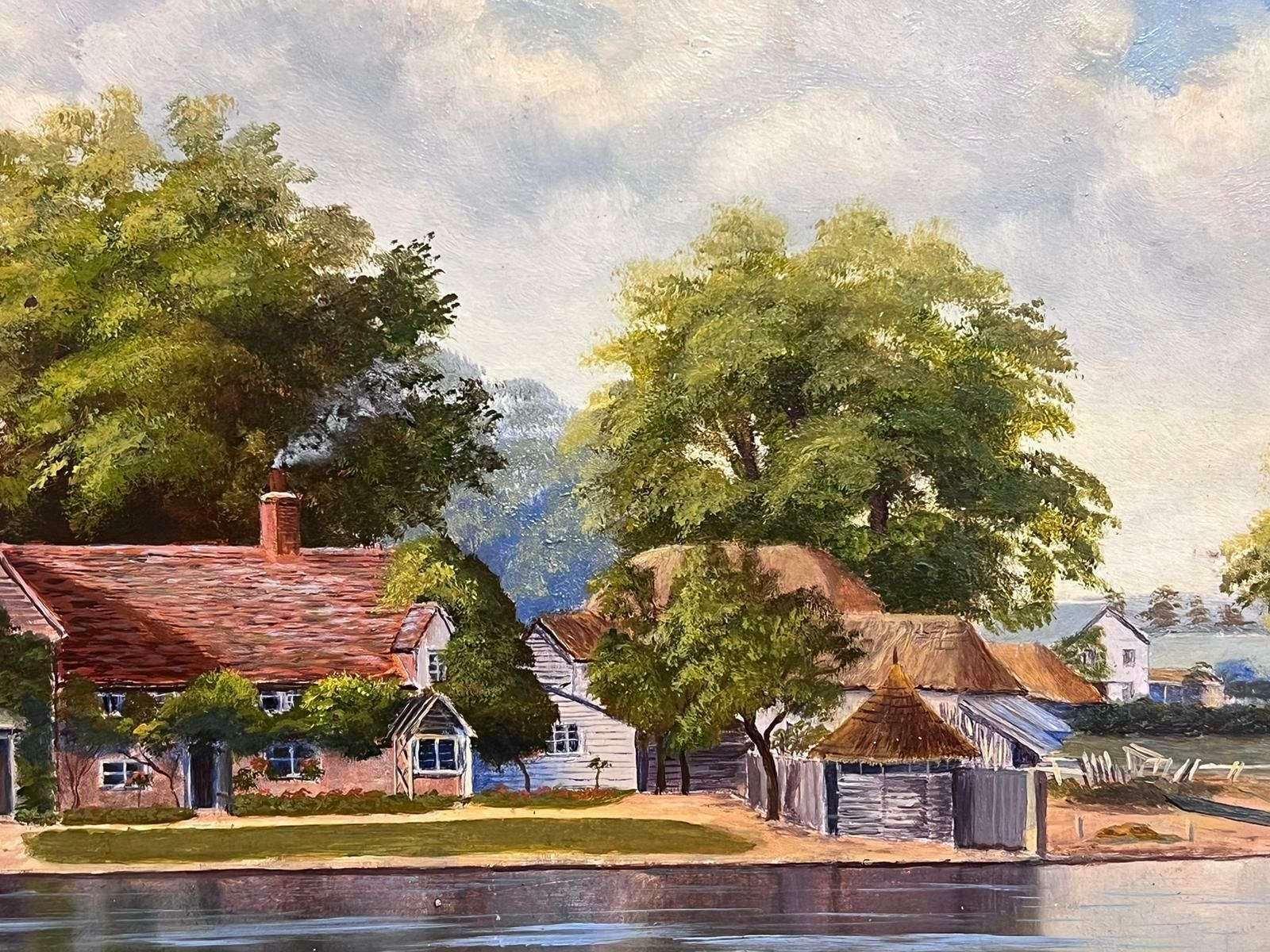 Unknownantique English Oil Painting Gilt Frame Figure Punting On River Cottages Village1900's photo vinterior