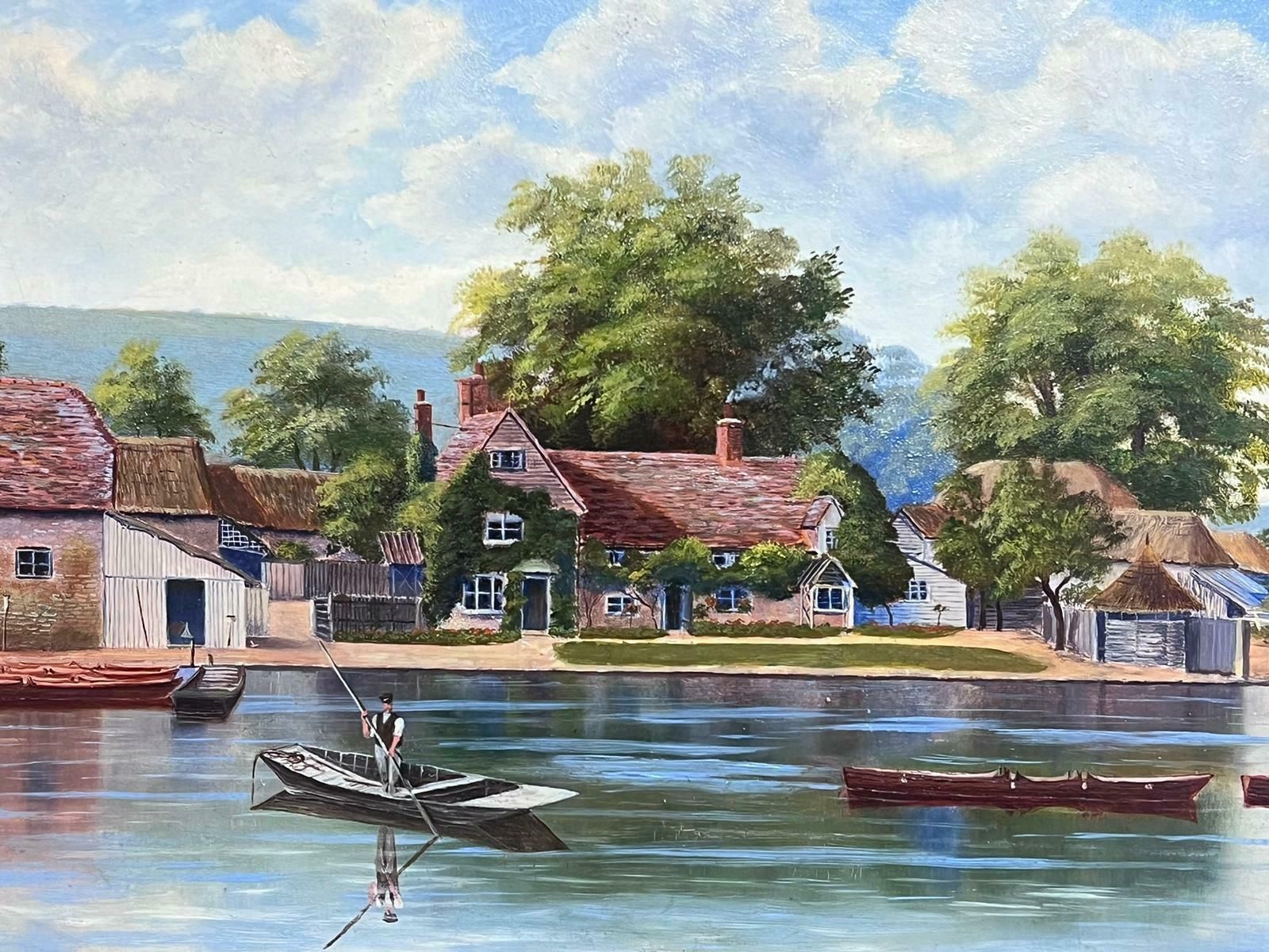 Unknownantique English Oil Painting Gilt Frame Figure Punting On River Cottages Village1900's photo buy