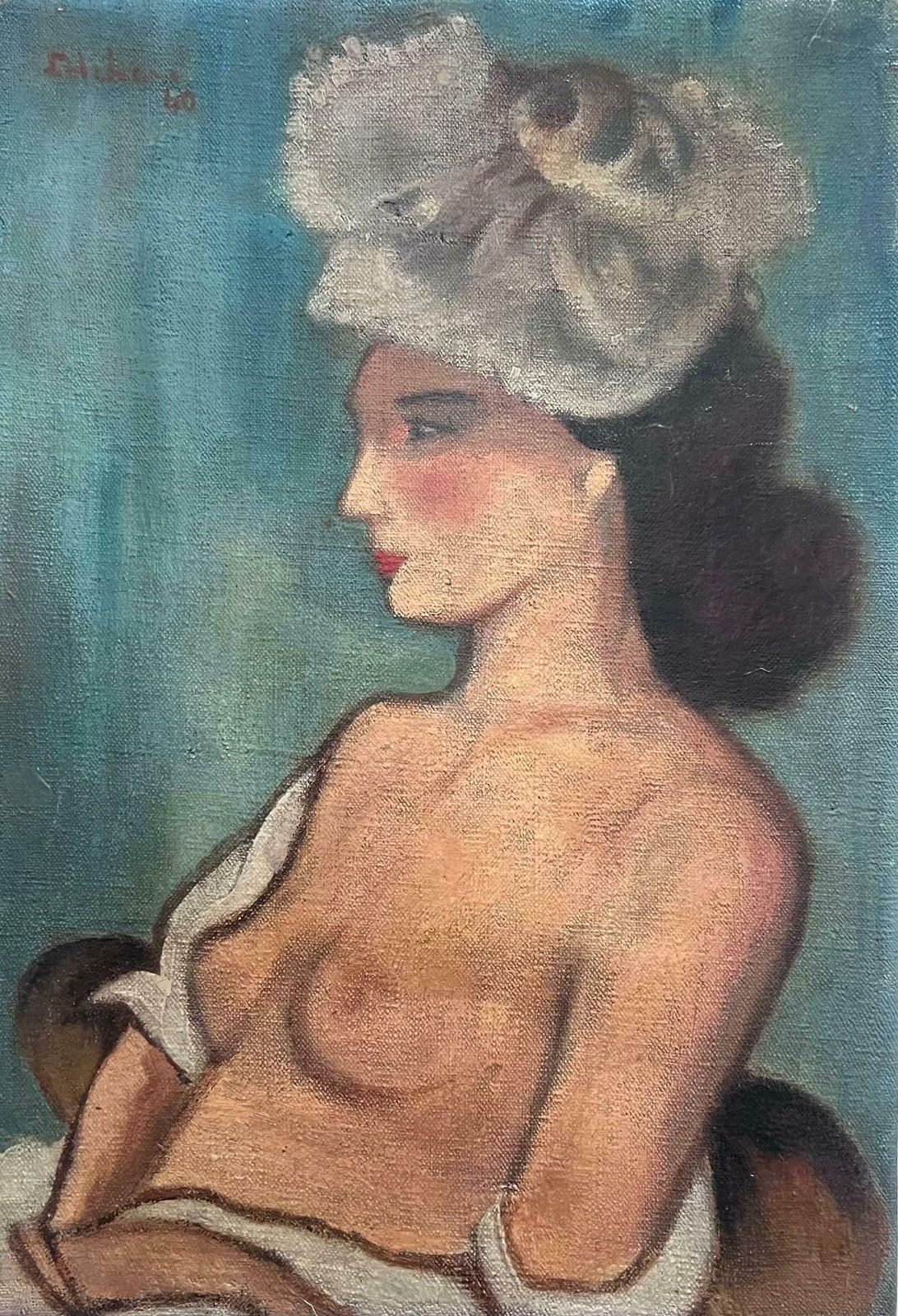 French Modernist1940's French Modernist Signed Oil Painting Portrait Of Nude Lady With Hat1940