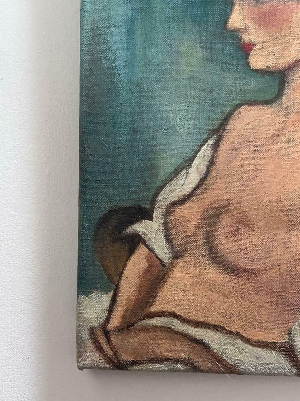 French Modernist1940's French Modernist Signed Oil Painting Portrait Of Nude Lady With Hat1940 photo Art