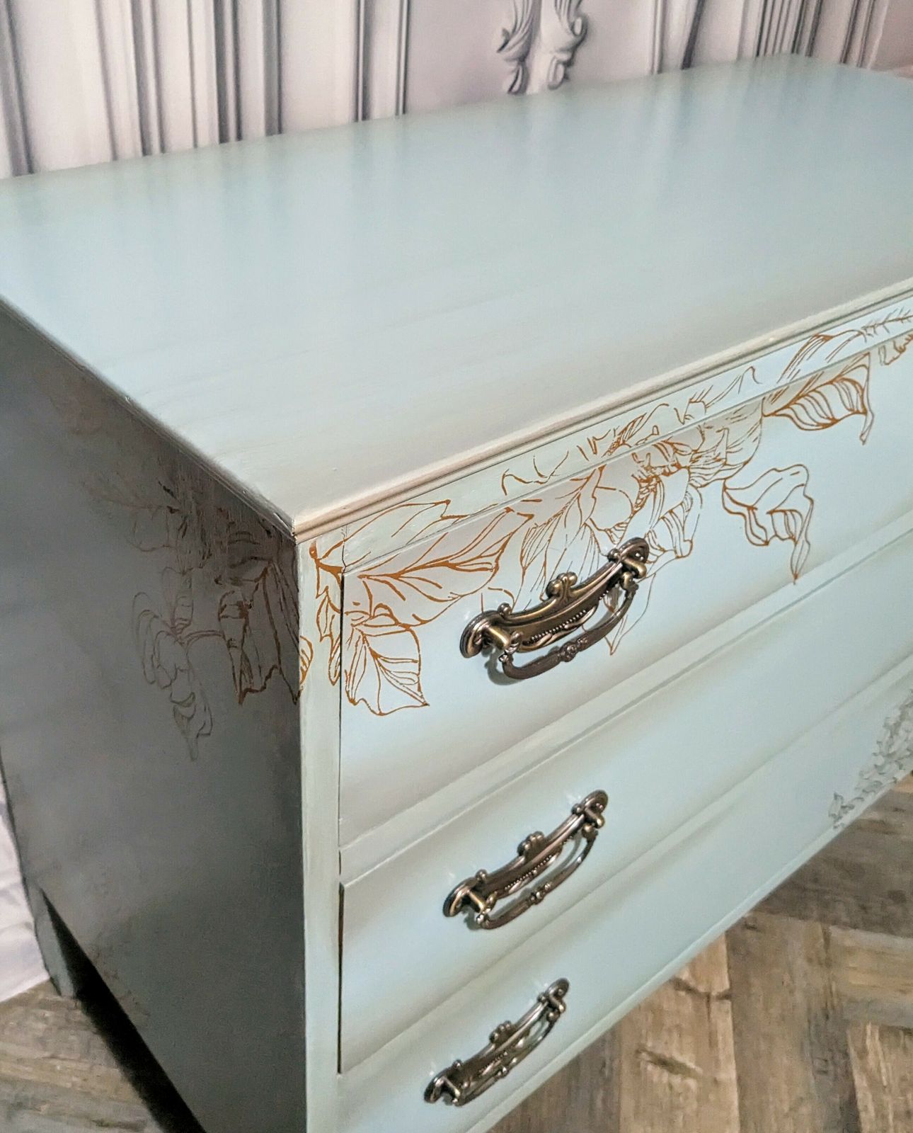 Duck Egg Blue & Gold Vintage Chest Of Drawers photo furniture