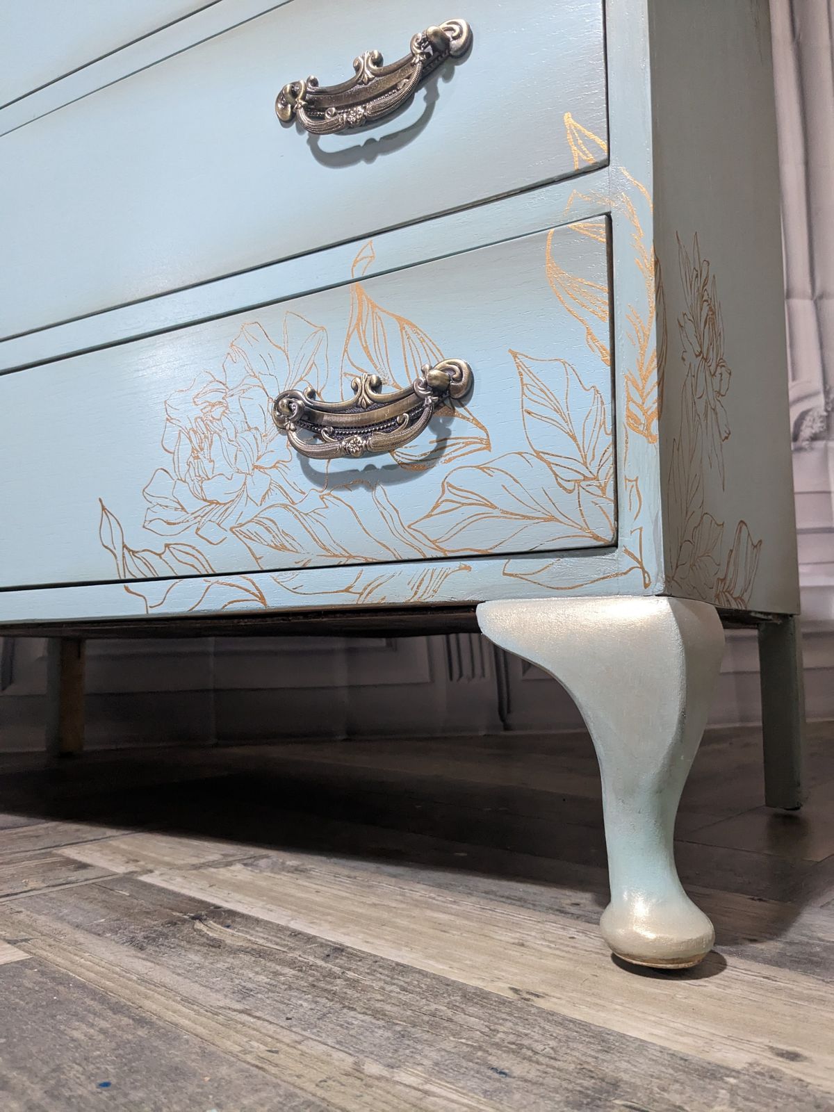 Duck Egg Blue & Gold Vintage Chest Of Drawers photo for sale