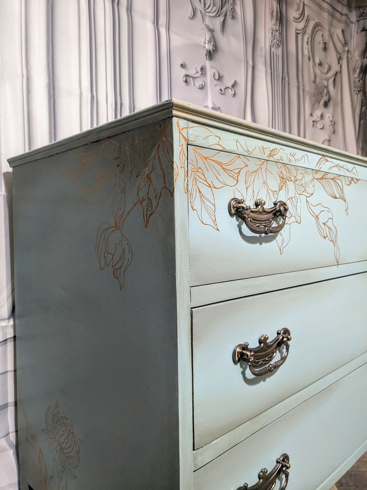 Duck Egg Blue & Gold Vintage Chest Of Drawers photo Furniture