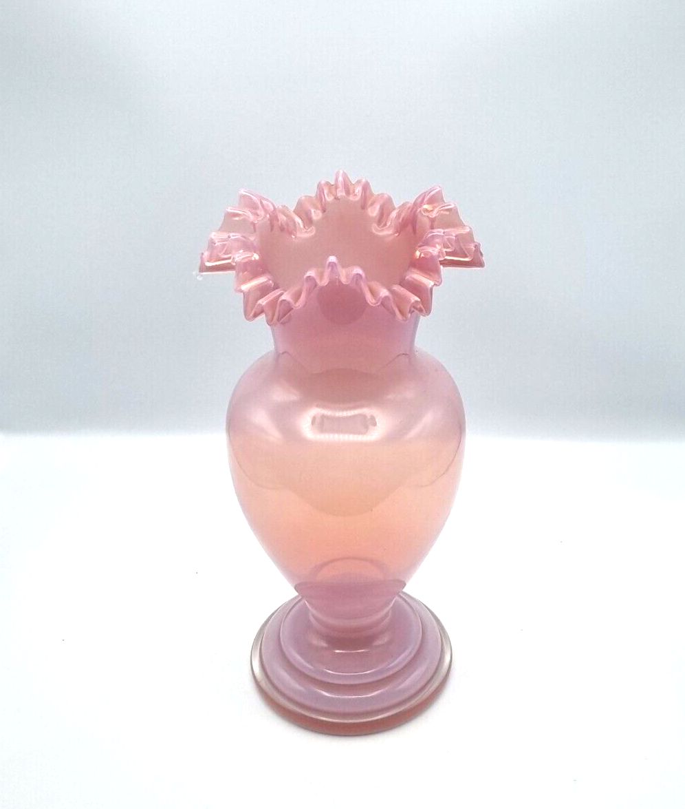 Victorian Vase Pink Opaline Glass Vase Ruffled Neck Glass Vase Stunning! photo for sale
