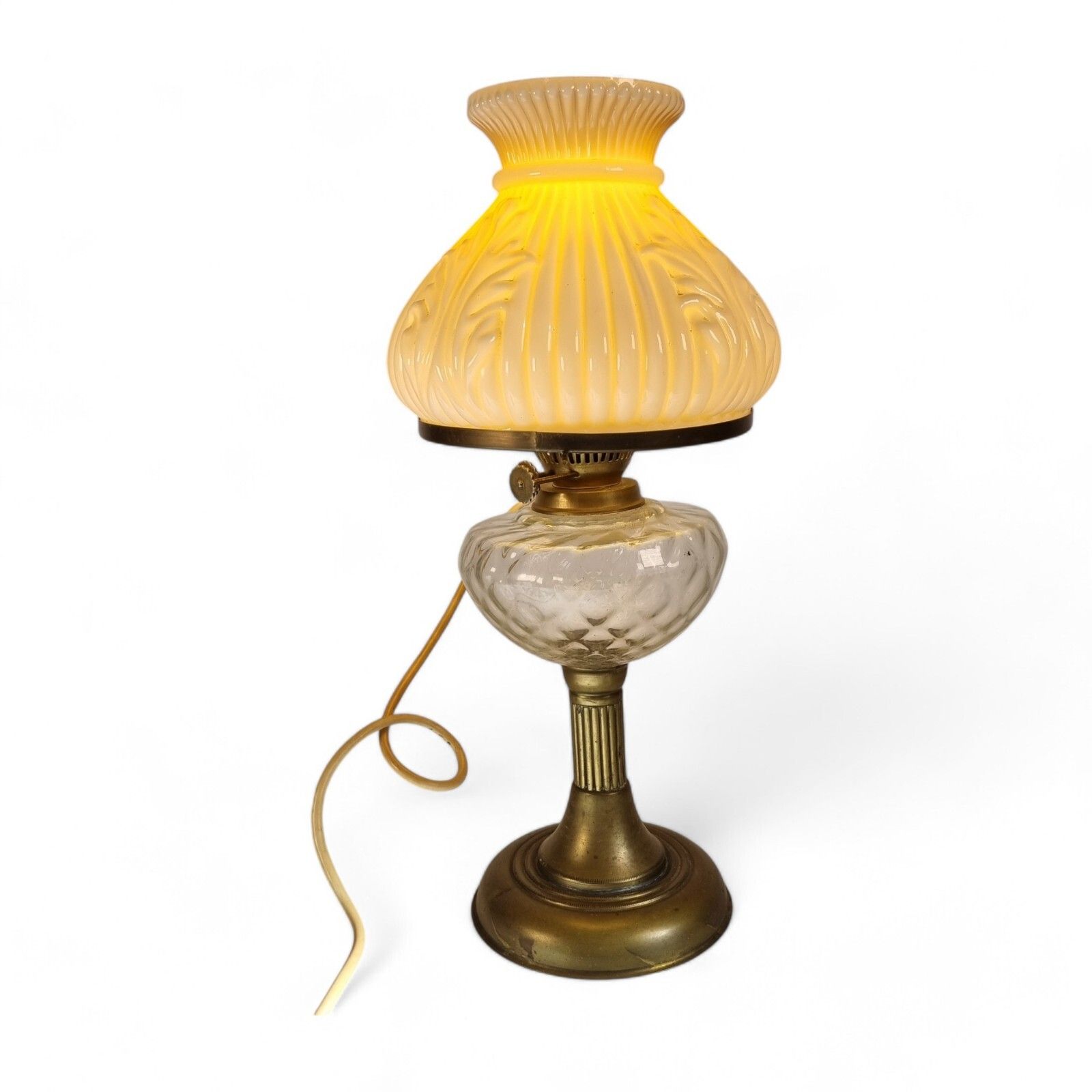 Vintage Pink Opaline Glass Oil Lamp Converted Electrified Brass Oil Lamp & Shade