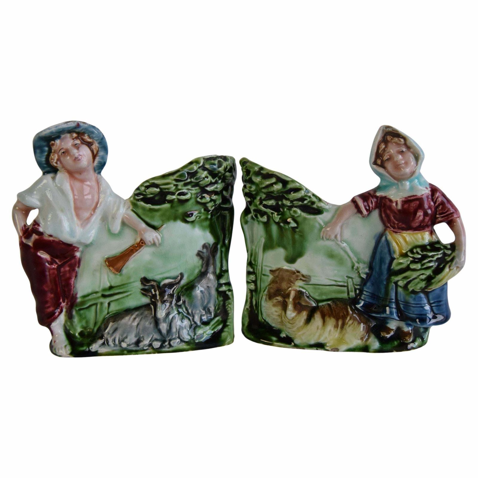 Pair Of Antique Flower Vases, Majolica Signed Hk, Shepherd And Shepherdess