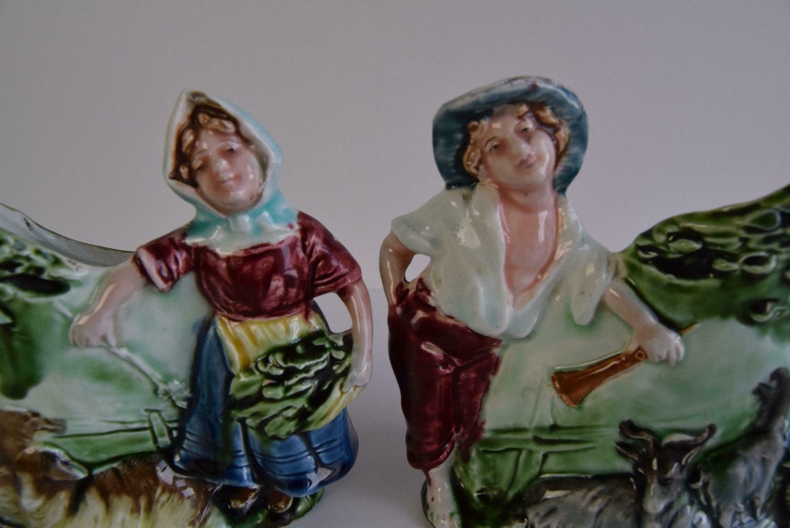 photo furniture Pair Of Antique Flower Vases, Majolica Signed Hk, Shepherd And Shepherdess