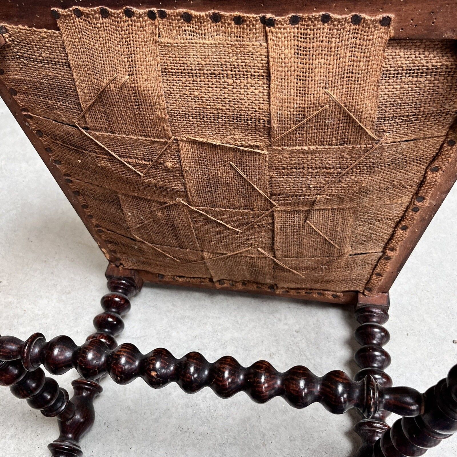 photo vintage French 19th Century Bobbin Turned Ebonised Nursing Chair Studded Red Leather