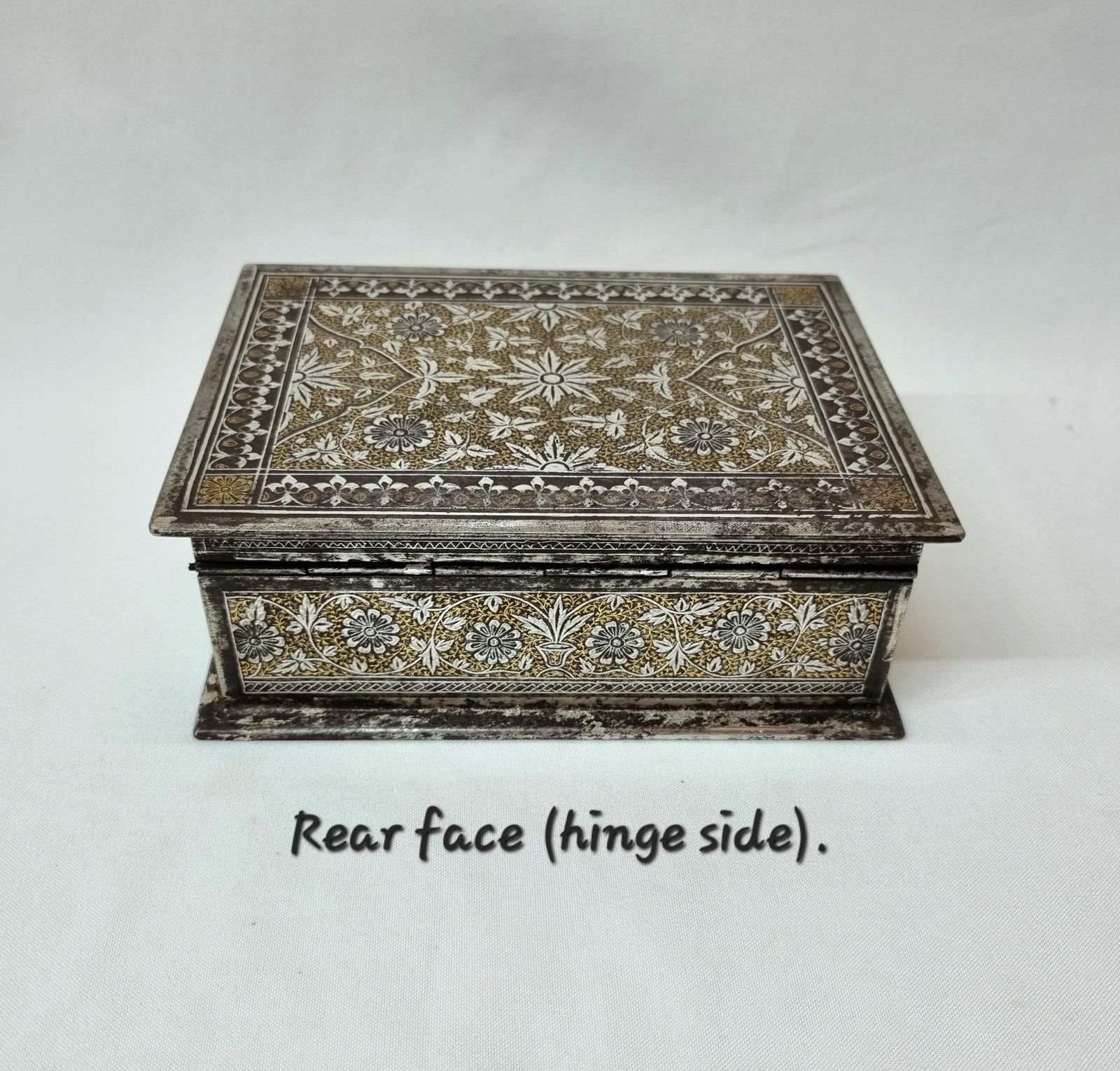 A Beautiful Antique Indian Koftgari Ware Oxidised Steel Box Finely And Profusely Inlaid With Gold And Silver, From The Punjab Region. photo buy