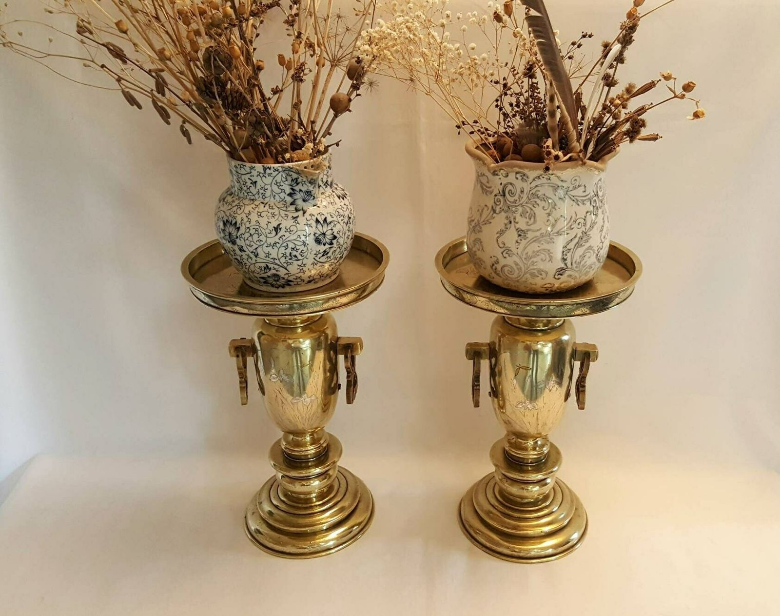 Antique Brass Vases, A Heavy Pair Of Japanese Brass Usubata Vases, Inlaid With Silver, Copper & Gold For Ikebana Flower Arranging. photo 650.0