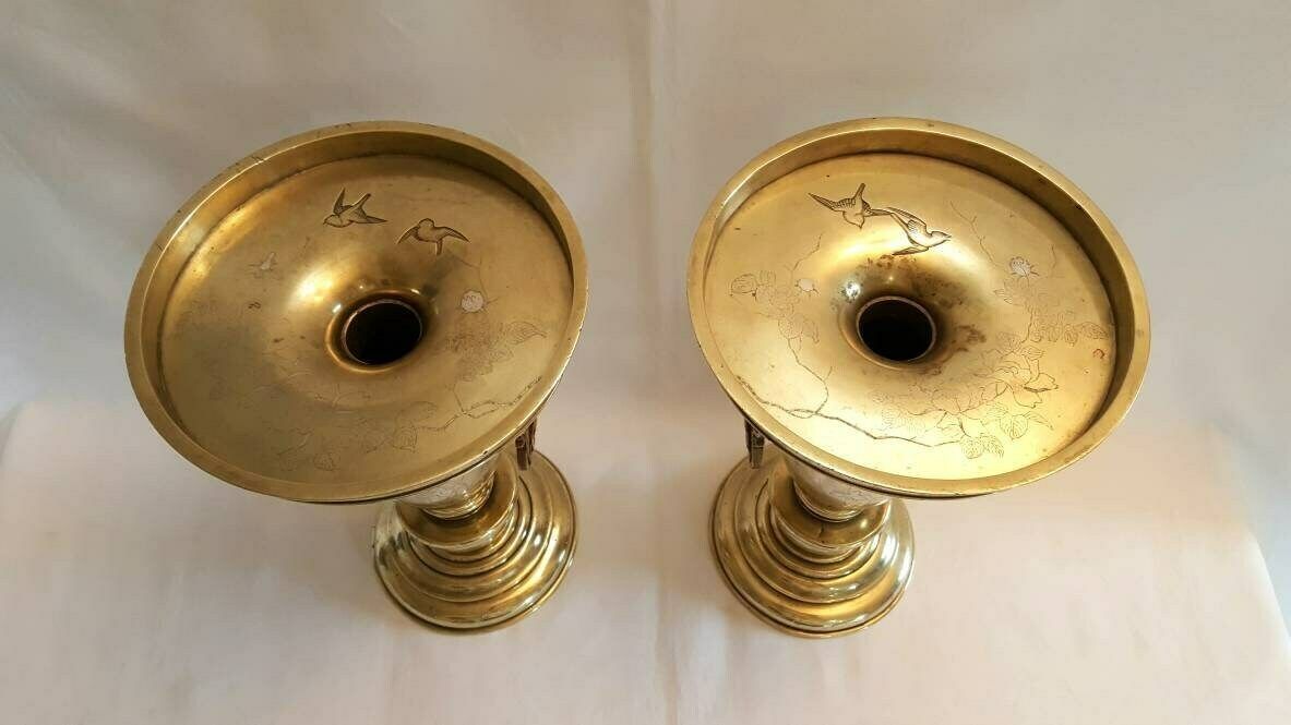 Antique Brass Vases, A Heavy Pair Of Japanese Brass Usubata Vases, Inlaid With Silver, Copper & Gold For Ikebana Flower Arranging. photo vinterior