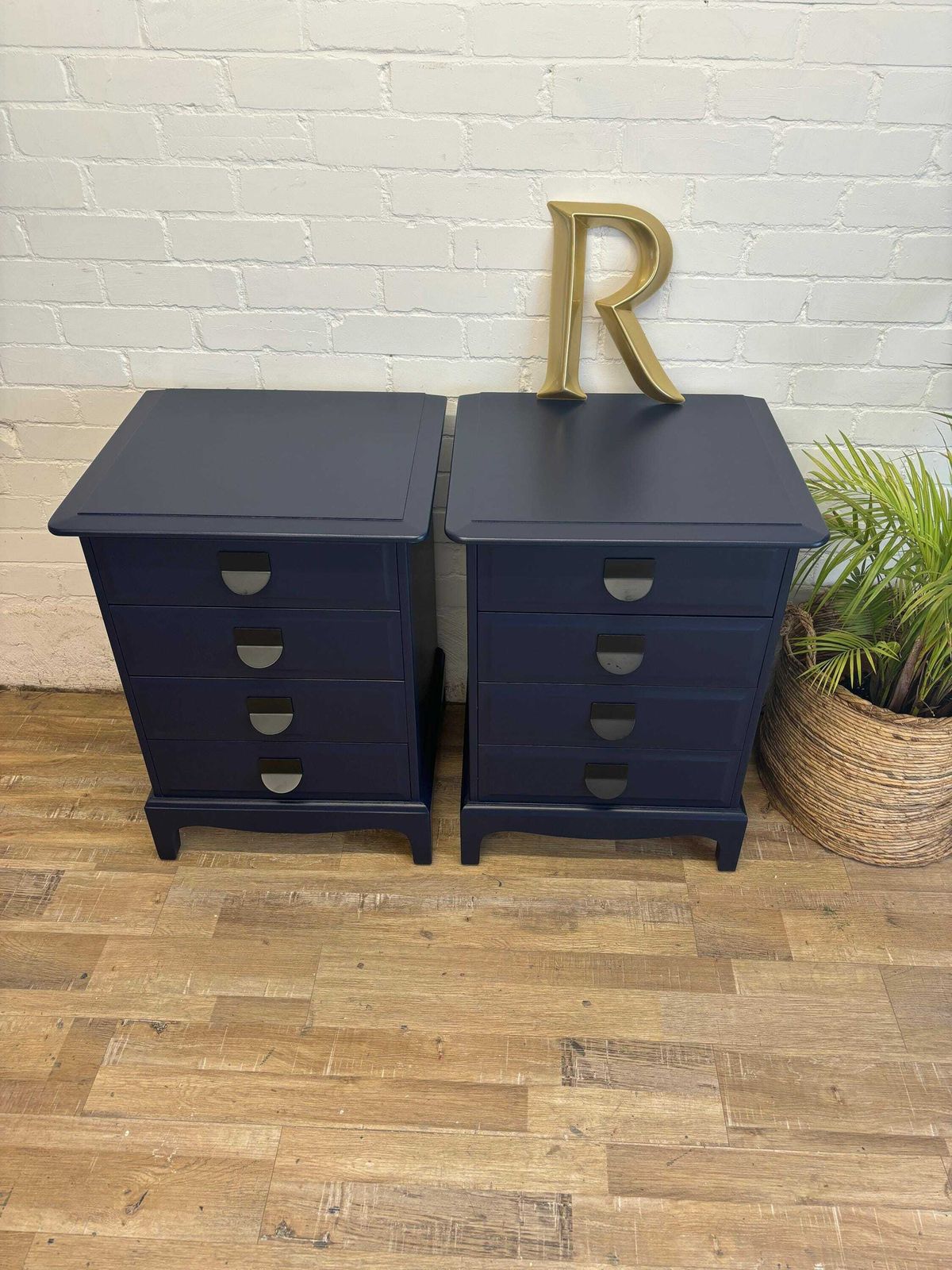Stag Minstrel Pair (2) Of Bedsides Nightstands With Drawers Painted Dock Blue By Little Greene photo for sale