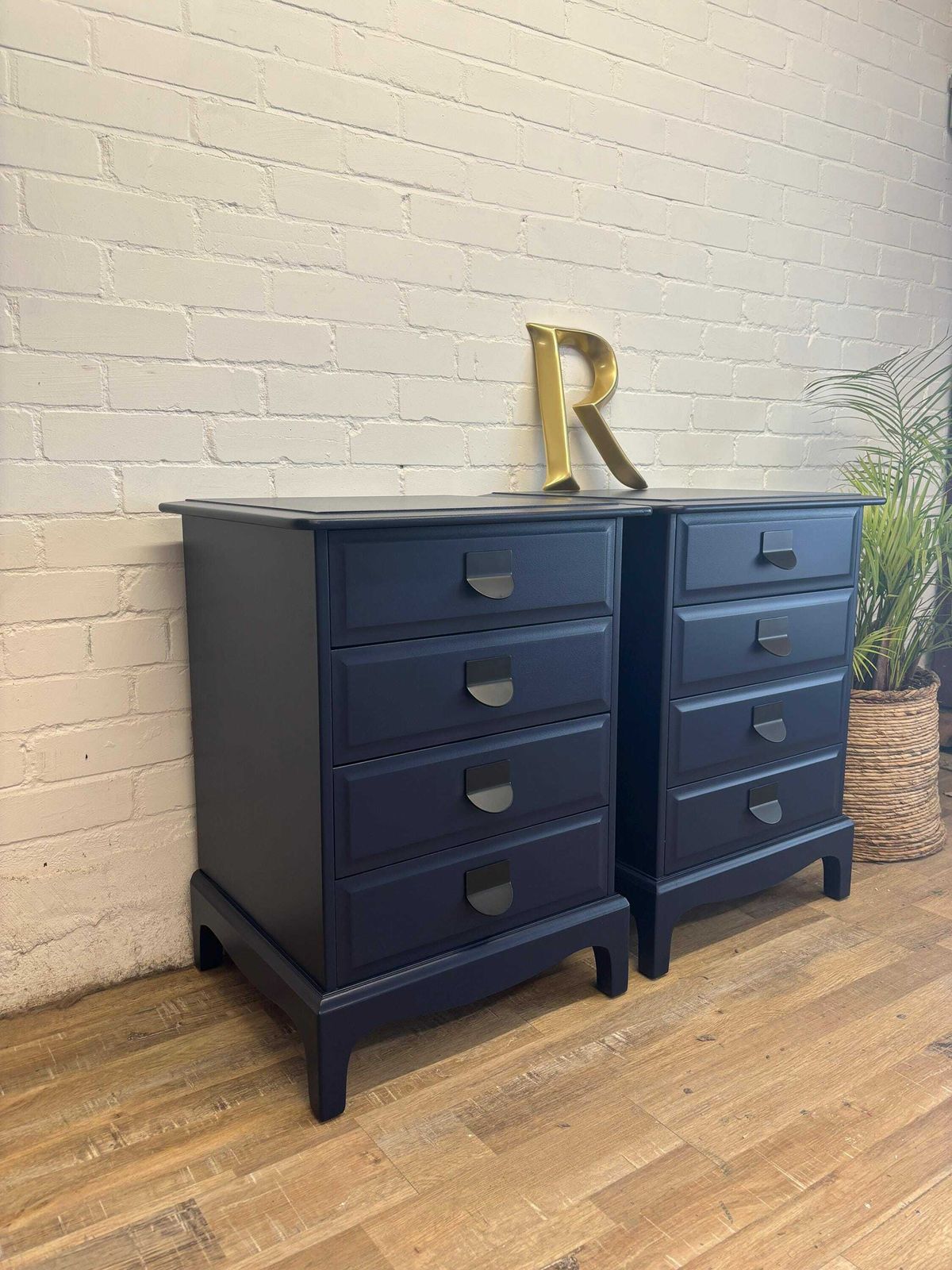 Stag Minstrel Pair (2) Of Bedsides Nightstands With Drawers Painted Dock Blue By Little Greene photo vintage