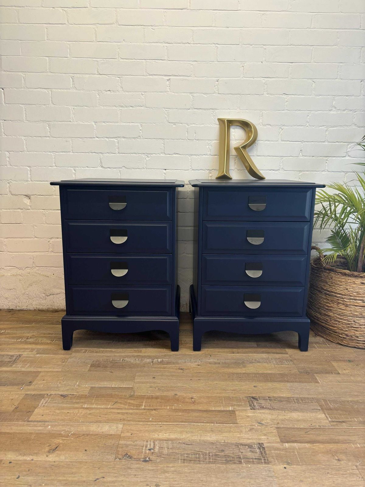 photo for sale Stag Minstrel Pair (2) Of Bedsides Nightstands With Drawers Painted Dock Blue By Little Greene
