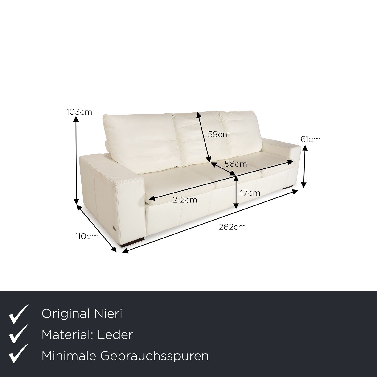 Nieri Leather Three Seater Cream White Sofa photo furniture