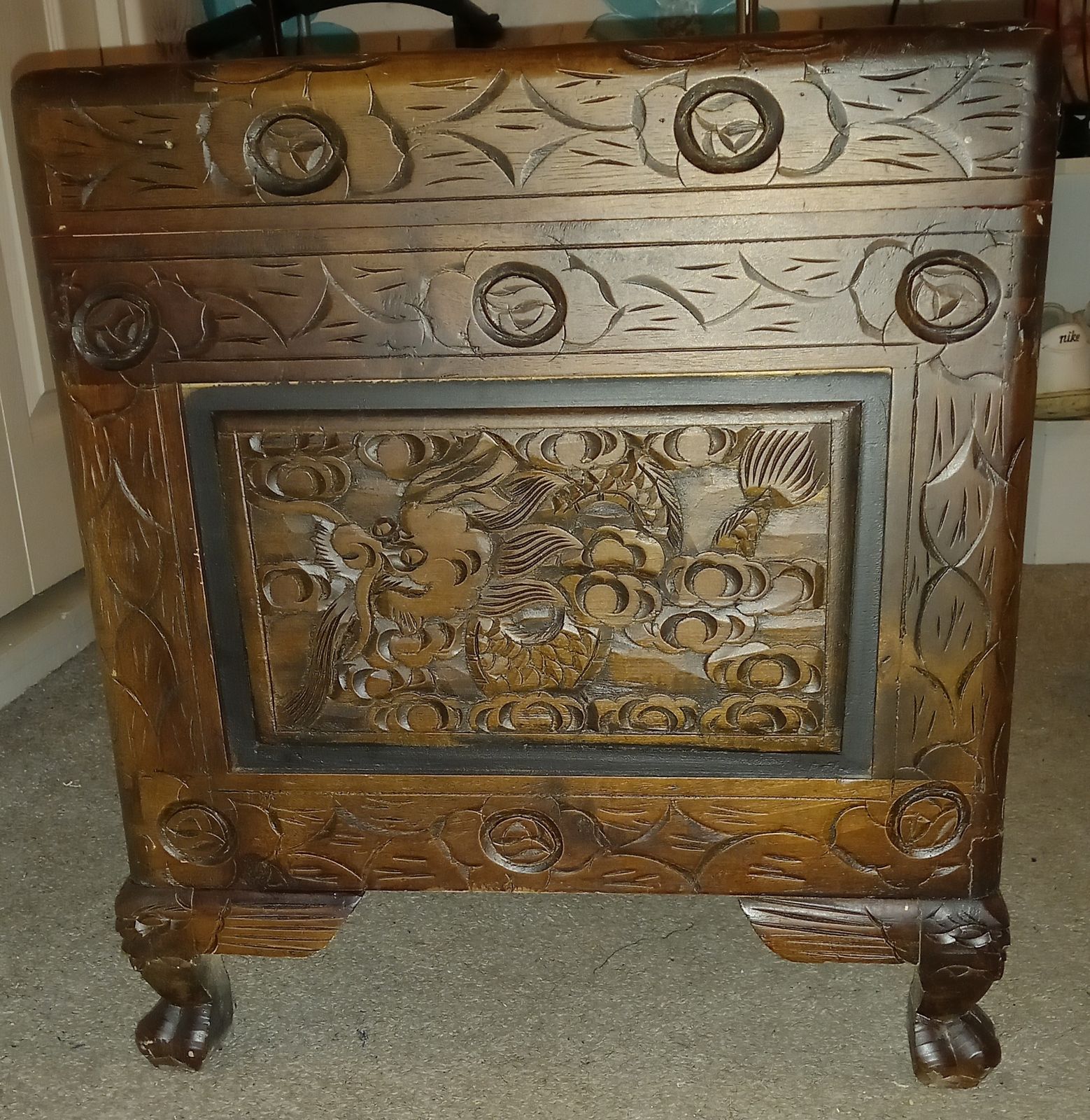 Antique Chinese Carved (Dragon & Pheonix) Camphor Wood Chest
