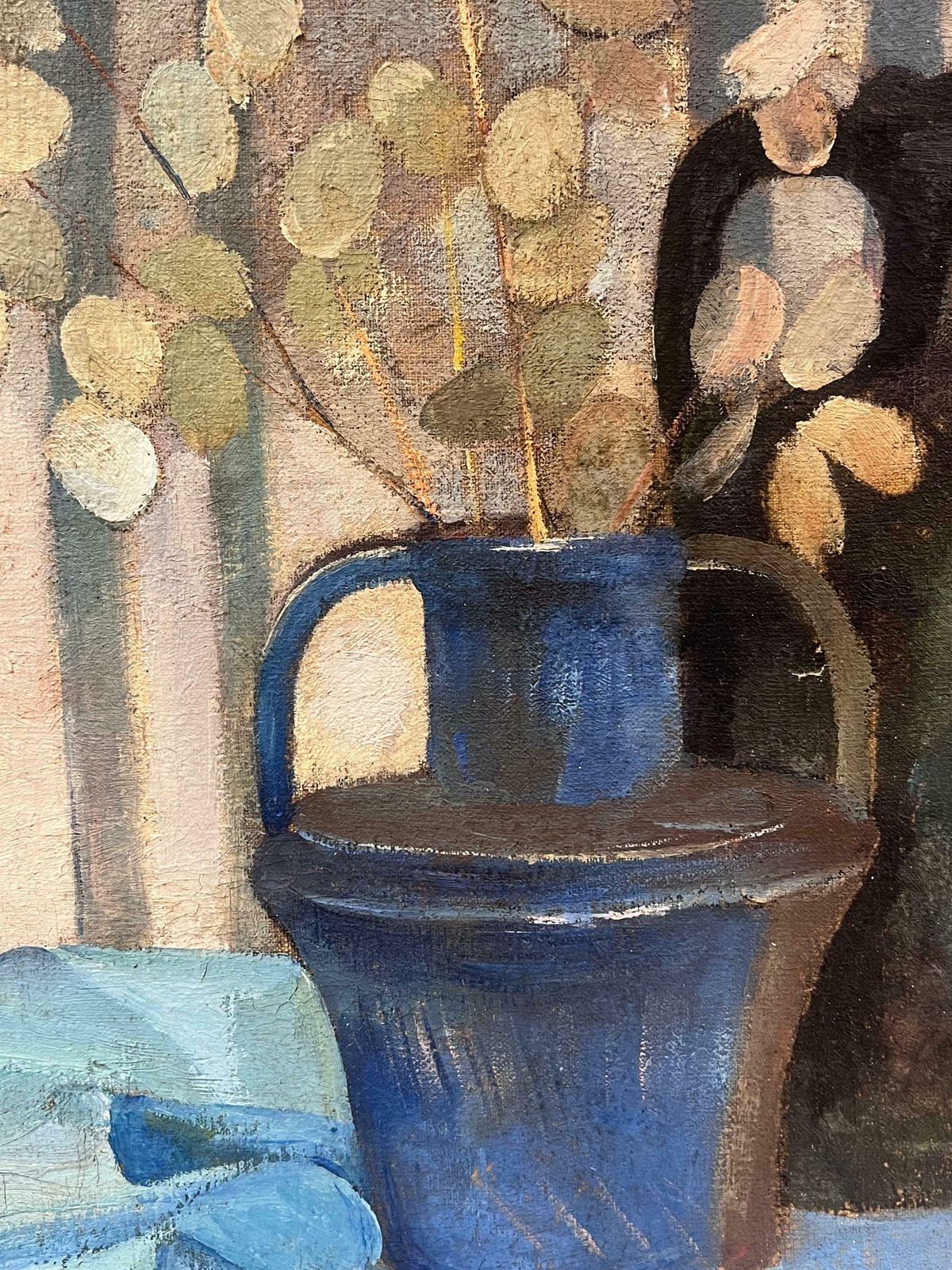 French 1930's1930's French Modernist Oil Painting Lunaria Honesty Plants Still Life Blue Jug1930's photo 712.0