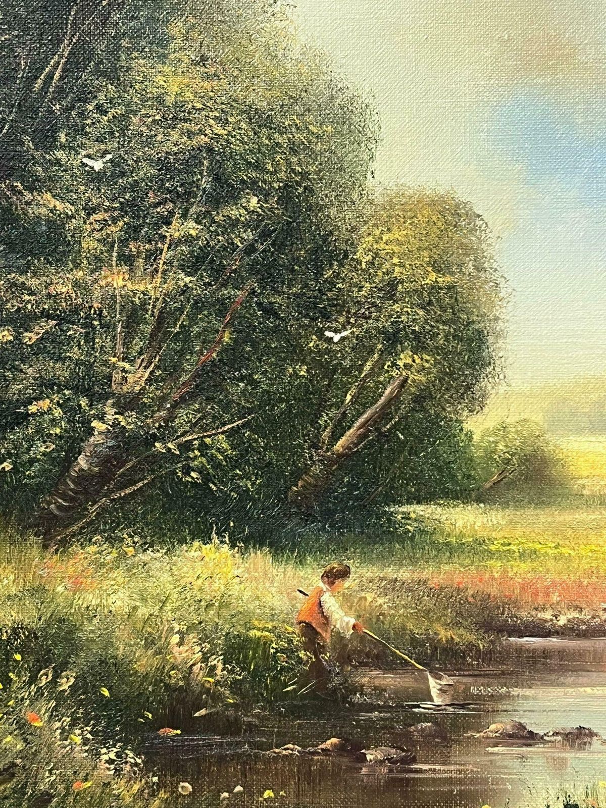 Ted Dyersigned English Oil Summer Meadows & Stream With Boy Fishing With Netc.2000 photo vinterior