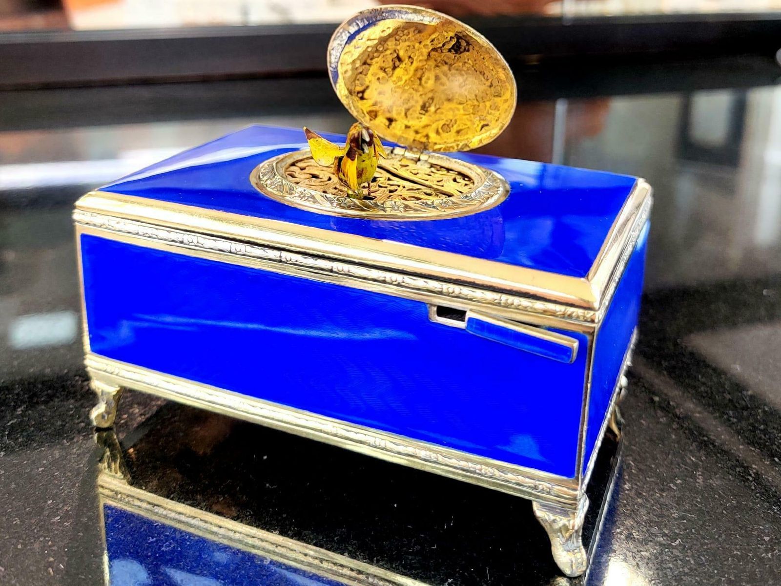 Antique European Sterling Silver And Enamel Singing Bird Box Circa 1900 photo furniture