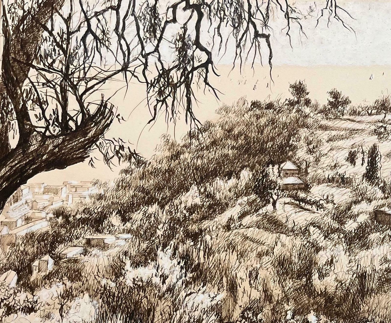 Josine Vignonmid Century French Drawing Hillside Landscape With Trees And Distant Houses1950's photo for sale