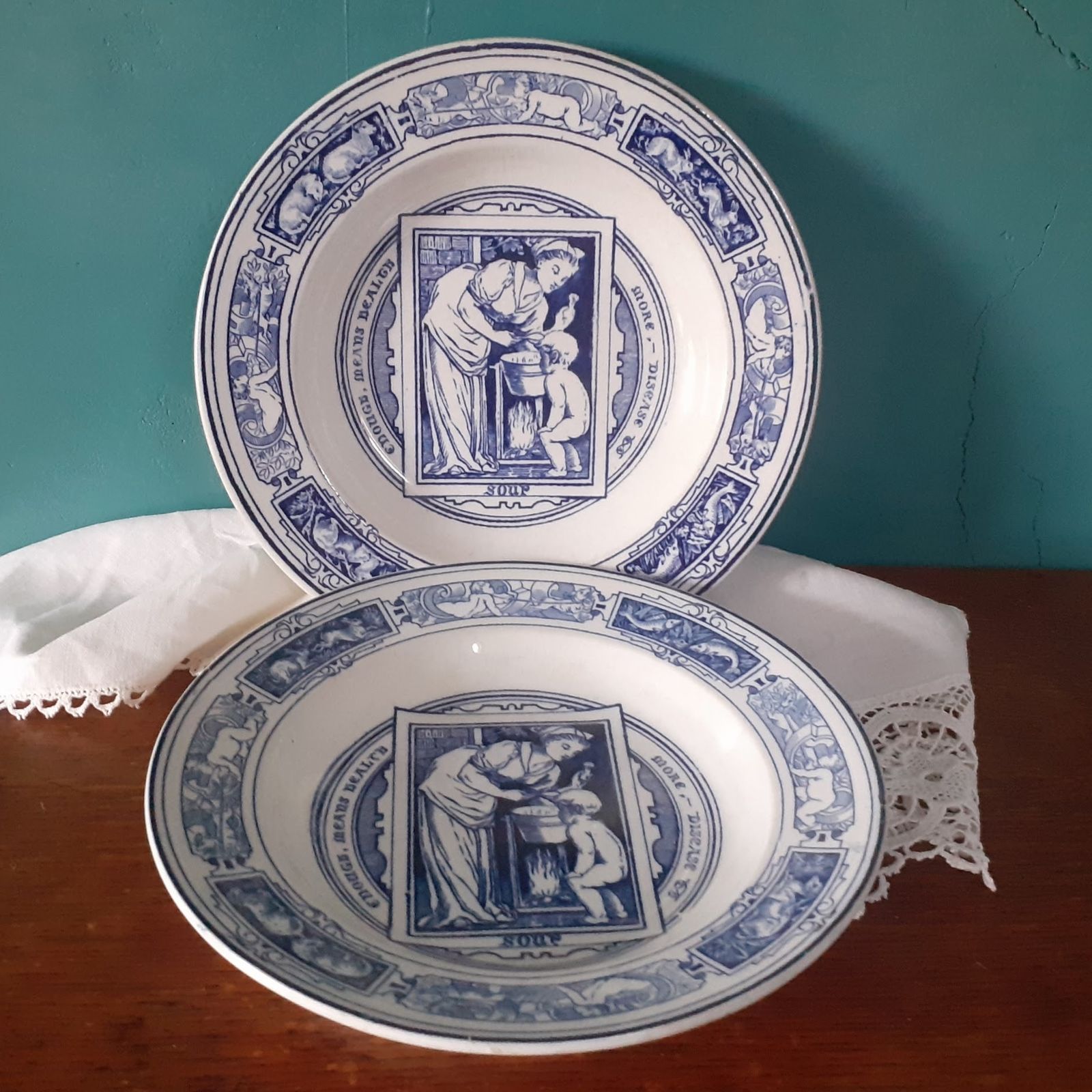 Rare Antique Wedgwood "Banquet" Soup Bowl Pair By Thomas Allen   Blue Transferware