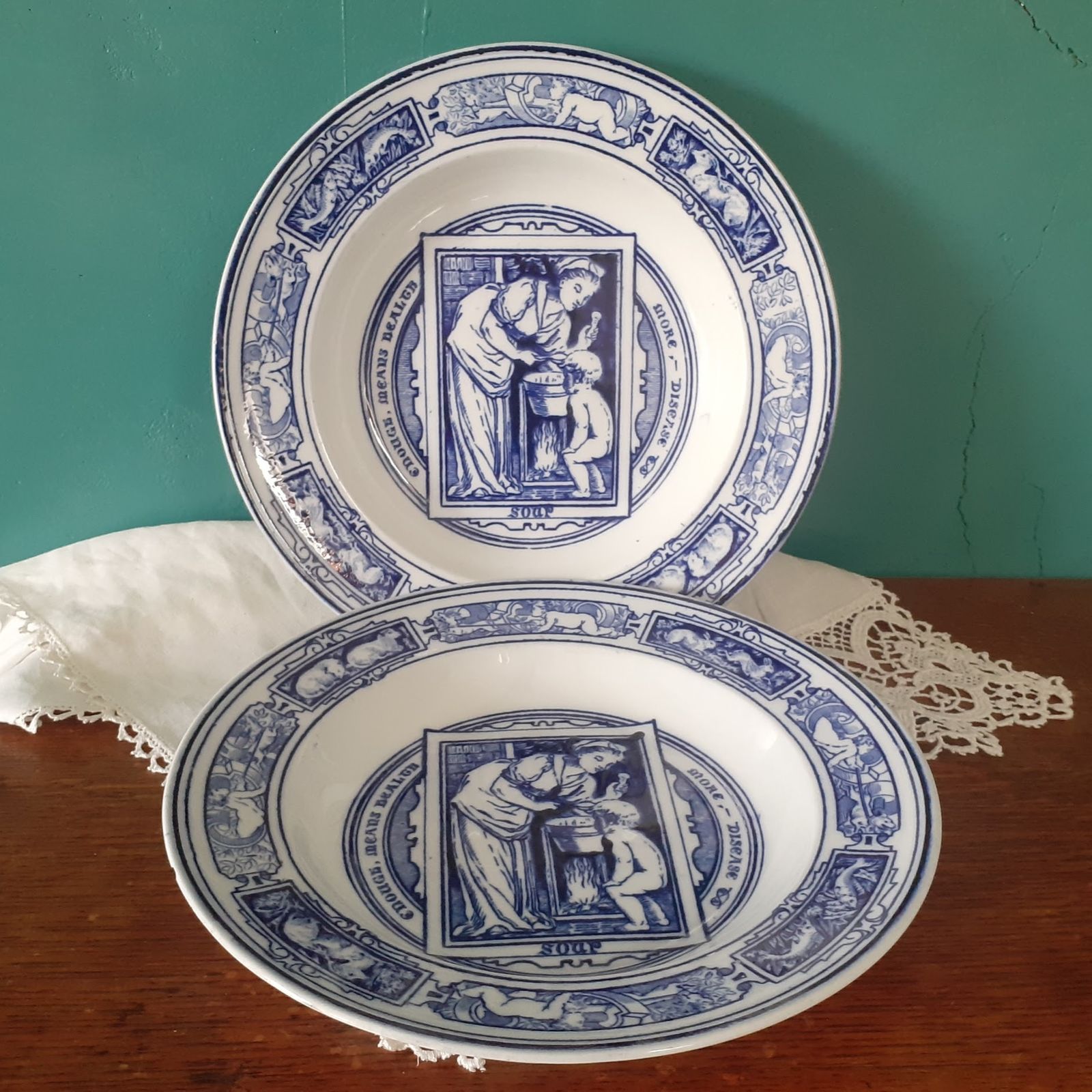 Rare Antique Wedgwood "Banquet" Soup Bowl Pair By Thomas Allen   Blue Transferware