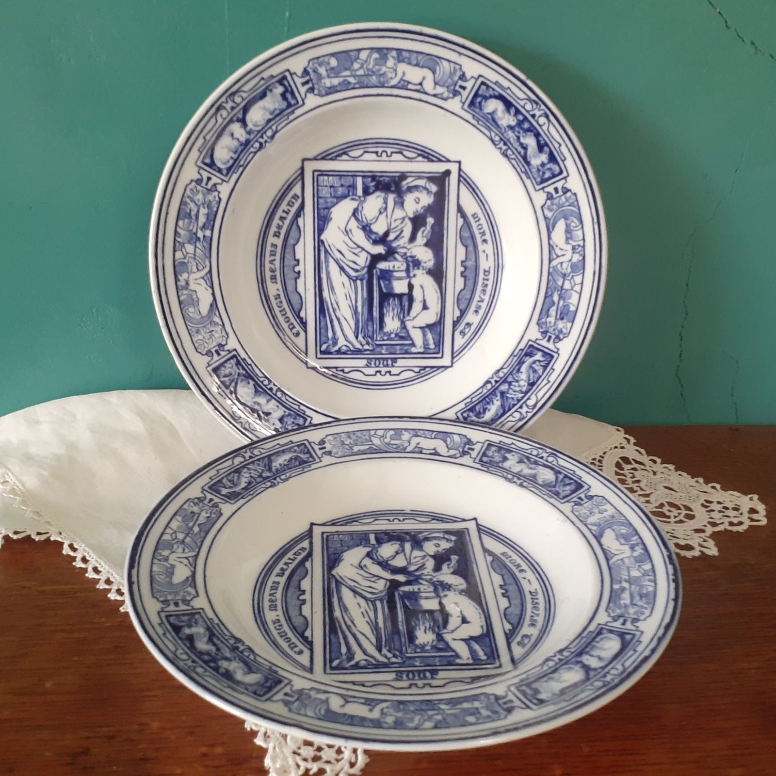 Rare Antique Wedgwood "Banquet" Soup Bowl Pair By Thomas Allen   Blue Transferware photo vintage