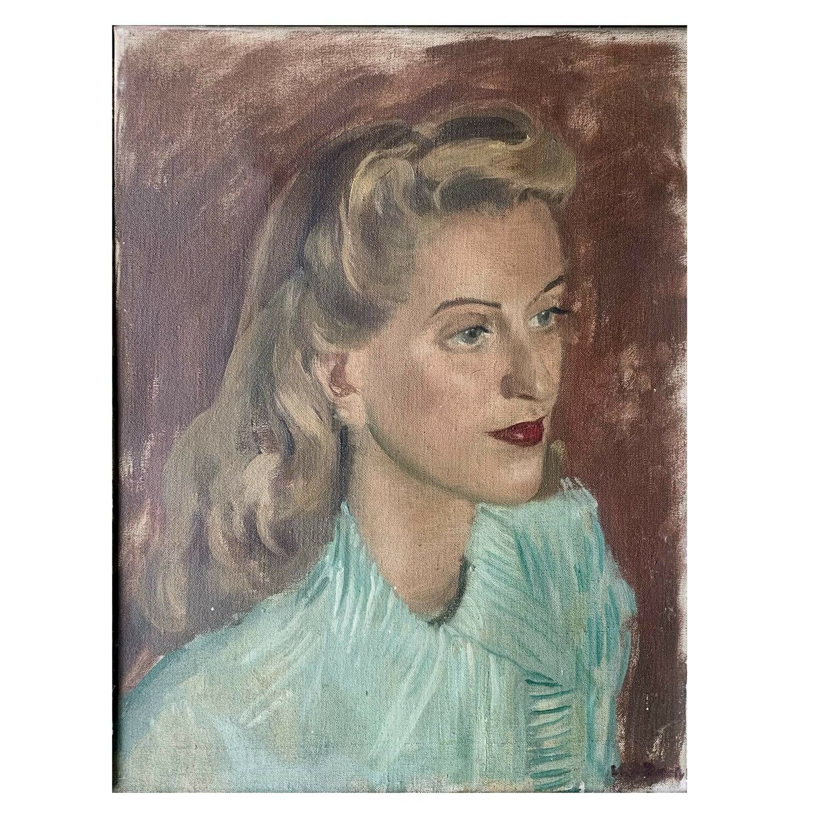 Mid Century Original Oil On Canvas   Portrait Of A Lady photo for sale