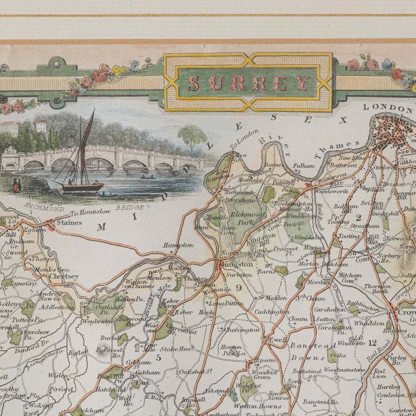Antique County Map, Surrey, English, Framed Lithograph, Cartography, Victorian photo 295.0
