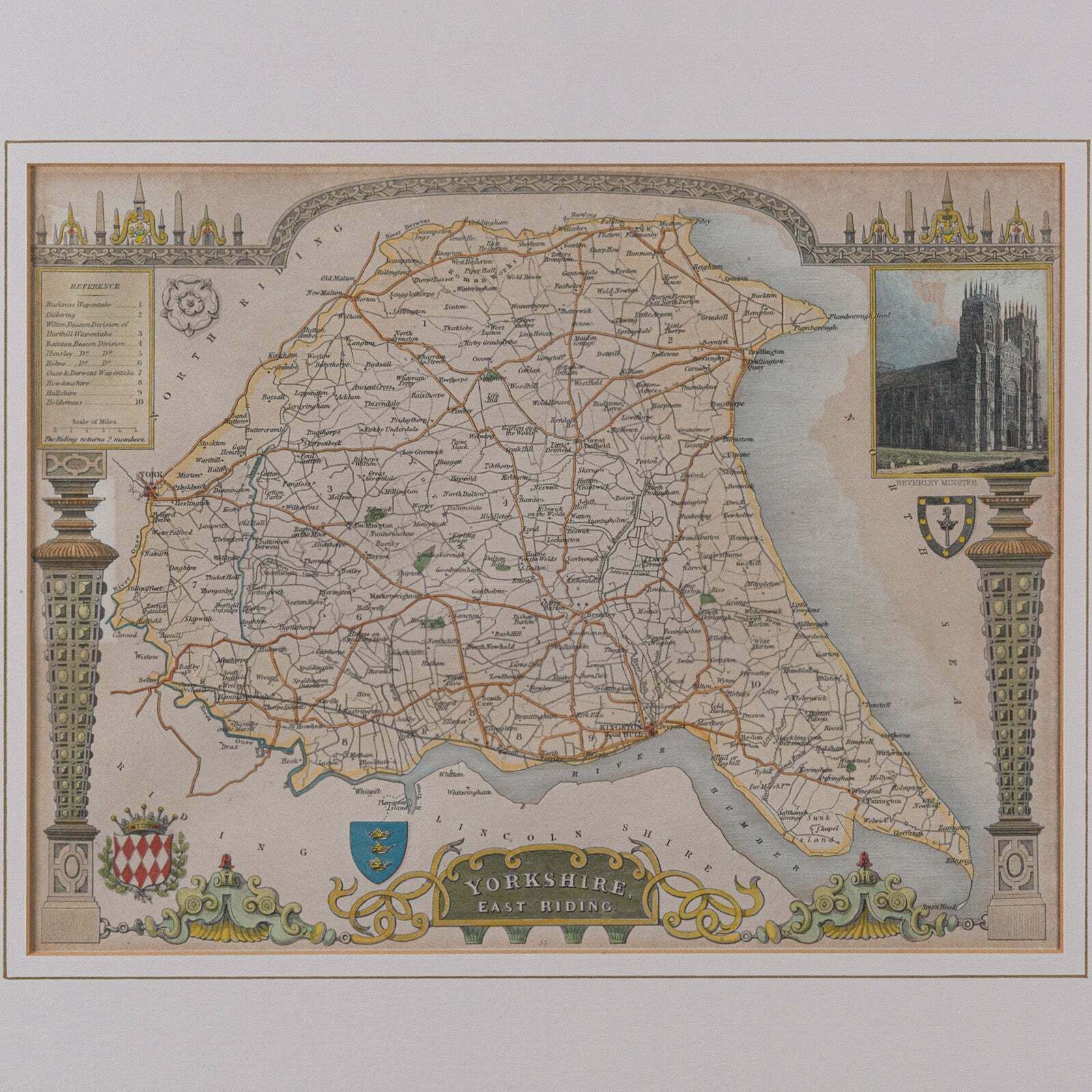Antique East Yorkshire Map, English, Framed Lithograph, Cartography, Victorian photo Art