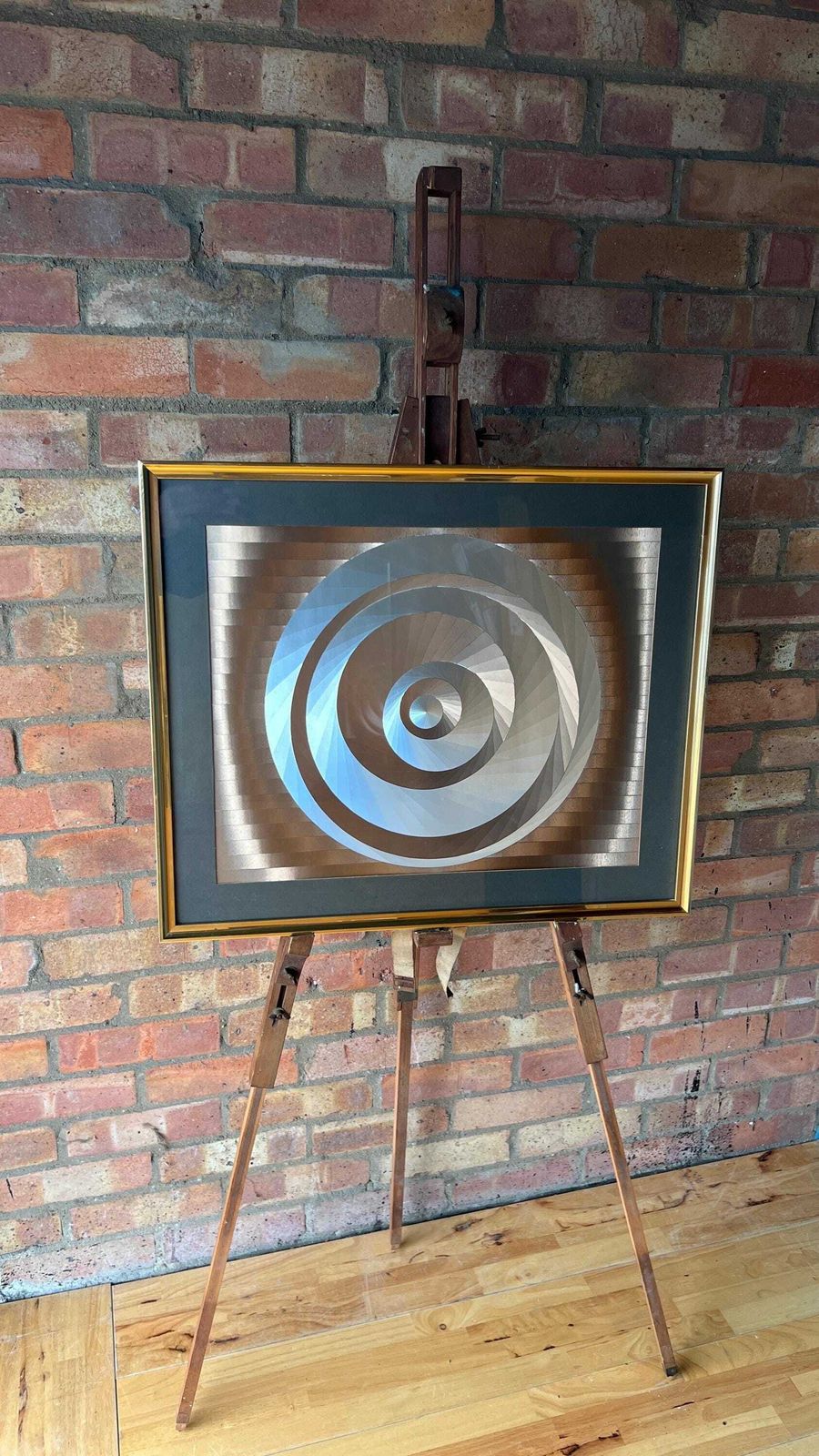 photo for sale Mid Century Modern Abstract Kinetic Optical Silver And Gold Foil Artwork Picture Depicting Eccentric Circles